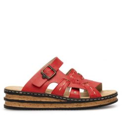 Klapki Rieker. Czerwone klapki damskie Rieker, bez wzorów, bez obcasa, bez zapięcia. Za 279.99 zł.