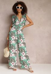 Miętowy Długi Kombinezon Bawełniany w Kwiaty Vegita. Zielone sukienki damskie Renee, bez wzorów, z bawełny, eleganckie, bez ramiączek. W wyprzedaży za 43.99 zł.