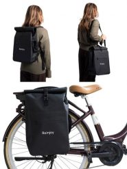 Wodoodporny plecak rowerowy 3w1 – plecak, sakwa na bagażnik i torba na ramię. Czarne torby na laptopa RAINJOY, bez wzorów, z materiału. Za 290.00 zł.