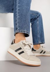 Beżowo-Czarne Sneakersy z Ozdobnymi Paskami Rilanira. Brązowe obuwie sportowe damskie Born2be, z jeansu, bez zapięcia. Za 79.99 zł.
