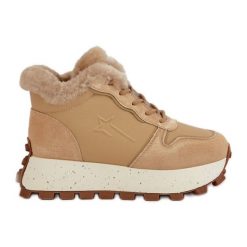 Skórzane Sneakersy Trapery Damskie Z Futerkiem Na Platformie Big Star OO274A330 Beżowe beżowy. Brązowe trapery damskie ze skóry, bez zapięcia. Za 373.96 zł.