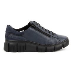 WASAK Półbuty damskie sneakersy skórzane 0663W granatowe niebieskie. Niebieskie półbuty damskie na jesień, bez wzorów, z polaru, bez obcasa, bez zapięcia. Za 423.31 zł.