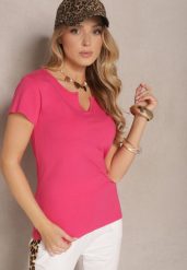 Różowy Bawełniany T-shirt Ozdobiony Guzikami Lisamaris. Czerwone t-shirty damskie Renee, l, bez wzorów, z bawełny, bez kołnierzyka. Za 24.99 zł.