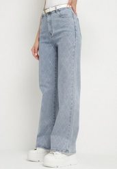 Niebieskie Jeansy z Bawełną Szerokie z Cyrkoniami Iskio. Niebieskie jeansy damskie Born2be, z aplikacjami, z bawełny. Za 129.99 zł.