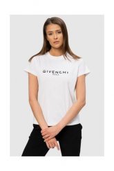 GIVENCHY Biały t-shirt damski z czarnym logo vintage. Białe t-shirty damskie Givenchy, s, bez wzorów, z bawełny, bez kołnierzyka. W wyprzedaży za 899.99 zł.