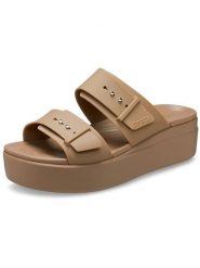 Crocs Klapki "Brooklyn Buckle Low Wedge" w kolorze khaki rozmiar: 38/39. Brązowe klapki damskie Crocs, bez wzorów, z otwartym noskiem, bez obcasa, na platformie, bez zapięcia. Za 162.87 zł.