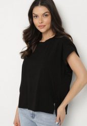 Czarny T-shirt z Bawełny Ozdobiony Rozcięciami przy Rękawach Katirna. Czarne t-shirty damskie Born2be, bez wzorów, z bawełny, bez kołnierzyka. Za 64.99 zł.