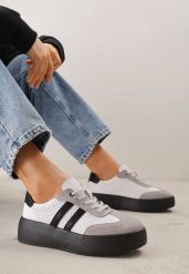 Biało-Szare Sneakersy ze Skóry Naturalnej na Platformie z Perforacją i Paskami Urevla. Białe obuwie sportowe damskie Renee, ze skóry, bez zapięcia. Za 189.99 zł.