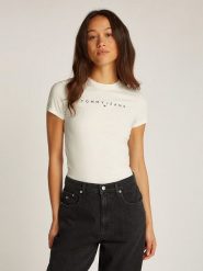 TOMMY JEANS Koszulka w kolorze kremowym rozmiar: L. Brązowe bluzki damskie Tommy Jeans, l, bez wzorów, z bawełny, bez kołnierzyka, bez ramiączek. Za 96.37 zł.
