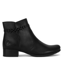 Botki Rieker. Czarne botki damskie Rieker, bez obcasa, na słupku, bez zapięcia. Za 389.99 zł.