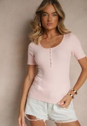 Różowy Bawełniany T-shirt Prążkowany z Guzikami Florvivi. Czerwone t-shirty damskie Renee, m, bez wzorów, z bawełny, bez kołnierzyka. Za 59.99 zł.