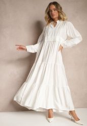 Biała Rozkloszowana Sukienka z Wiskozy w Stylu Boho z Koronką i Gumką Gonalien. Białe sukienki damskie Renee, bez wzorów, z koronki, boho, bez ramiączek. W wyprzedaży za 111.99 zł.