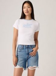 Levi's Koszulka w kolorze biało-błękitnym rozmiar: S. Białe bluzki damskie Levi's, s, bez wzorów, z bawełny, bez kołnierzyka, bez ramiączek. Za 84.21 zł.