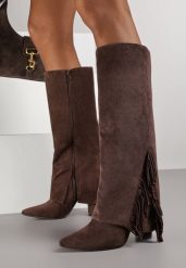 Brązowe Kozaki na Słupku z Wywiniętą Cholewką z Frędzlami Linadela. Brązowe kozaki damskie Born2be, z jeansu, bez obcasa, na obcasie, bez zapięcia. Za 179.99 zł.