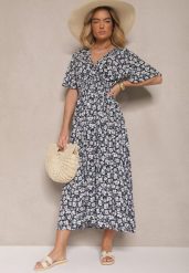 Granatowa Sukienka Rozkloszowana o Kopertowym Kroju w Kwiatowy Print Borriz. Niebieskie sukienki damskie Renee, bez wzorów, eleganckie, bez ramiączek. W wyprzedaży za 55.99 zł.
