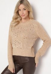 Ciemnobeżowy Sweter z Bawełną Ozdobiony Cekinami Savalenne. Brązowe swetry klasyczne damskie Born2be, z bawełny, bez kołnierzyka. Za 74.99 zł.