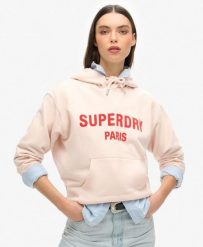 Luźna bluza z kapturem Sport Luxe. Fioletowe bluzy damskie Superdry, bez wzorów, z bawełny, z kapturem. Za 347.50 zł.