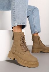 Ciemnobeżowe Botki Workery na Płaskiej Podeszwie ze Sznurowaniem i Przeszyciami Savanthia. Brązowe botki damskie Renee, z jeansu, eleganckie, bez obcasa, na płaskiej podeszwie, bez zapięcia. Za 99.99 zł.