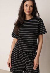 Czarny Bawełniany T-shirt w Poziome Paski Rive. Czarne t-shirty damskie Born2be, l, bez wzorów, z bawełny, bez kołnierzyka. Za 59.99 zł.