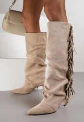 Ciemnobeżowe Kozaki na Szpilce w Stylu Boho Ozdobione Frędzlami Mevinavia. Brązowe kozaki damskie Renee, na lato, z jeansu, bez obcasa, na obcasie, bez zapięcia. Za 199.99 zł.