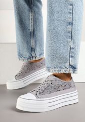 Szare Trampki na Grubej Podeszwie z Ażurową Cholewką Felariona. Szare obuwie sportowe damskie Born2be, z jeansu, bez zapięcia. Za 49.99 zł.