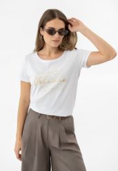 T-shirt z printem T-CORIS. Białe t-shirty damskie Volcano, s, bez wzorów, z bawełny, bez kołnierzyka. Za 69.99 zł.