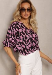 Czarno-Różowa Bluzka z Guzikami i Długim Rękawem w Geometryczny Print Daphira. Czarne bluzki damskie Renee, xl, bez wzorów, bez kołnierzyka, bez ramiączek. Za 69.99 zł.