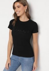Czarny Bawełniany T-shirt z Metalicznym Napisem Xalaviel. Czarne t-shirty damskie Born2be, m, z aplikacjami, z bawełny, bez kołnierzyka. Za 74.99 zł.