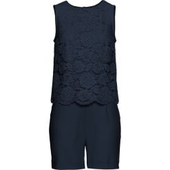 Krótki kombinezon z koronką bonprix ciemnoniebieski. Niebieskie kombinezony damskie bonprix, w koronkowe wzory, z koronki, eleganckie, z okrągłym kołnierzem, z krótkim rękawem, krótkie. Za 149.99 zł.