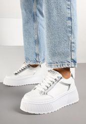 Białe Sneakersy na Platformie Ozdobione Przeszyciami Tatoretia. Białe obuwie sportowe damskie Renee, z jeansu, bez zapięcia. Za 99.99 zł.