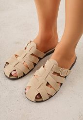 Beżowe Klapki z Paskami w Stylu Gladiatorek z Klamerką Lorianatea. Brązowe klapki damskie Born2be, bez wzorów, z jeansu, bez obcasa, na płaskiej podeszwie, bez zapięcia. Za 69.99 zł.