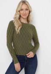 Zielony Klasyczny Sweter z Tłoczonym Zdobieniem Nainea. Zielone swetry klasyczne damskie Born2be, uniwersalny, bez kołnierzyka. Za 54.99 zł.