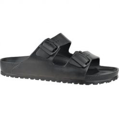 Klapki damskie Birkenstock Arizona W Eva. Czarne klapki damskie Birkenstock, bez wzorów, z materiału, bez obcasa, bez zapięcia. Za 209.00 zł.