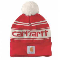 Czapka zimowa z pomponem Carhartt Knit Pom-Pom Cuffed Logo Beanie. Czerwone czapki damskie Carhartt, na zimę, bez wzorów. Za 106.00 zł.