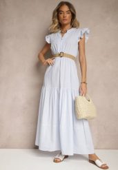 Jasnoniebieska Rozkloszowana Sukienka z Bawełny w Stylu Boho z Paskiem z Klamrą Iffarisa. Niebieskie sukienki damskie Renee, bez wzorów, z bawełny, boho, bez ramiączek. W wyprzedaży za 99.99 zł.