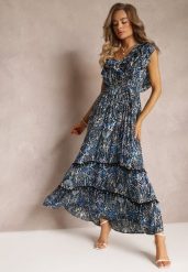 Granatowo-Czarna Wiskozowa Sukienka Maxi z Pomponami i Gumką w Talii Belmona. Niebieskie sukienki damskie Renee, bez wzorów, z wiskozy, bez ramiączek. W wyprzedaży za 75.99 zł.