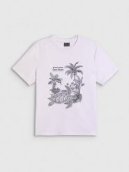 4F T-shirt relaxed z nadrukiem damski - biały L. Białe t-shirty damskie 4F, l, bez wzorów, z bawełny, bez kołnierzyka. Za 59.99 zł.