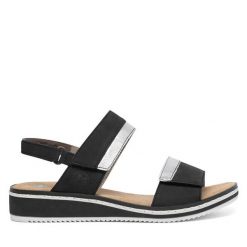 Sandały Rieker. Czarne sandały damskie Rieker, bez wzorów, bez obcasa, na płaskiej podeszwie, bez zapięcia. Za 309.99 zł.