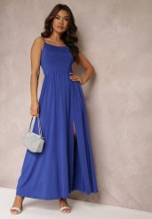 Granatowa Rozkloszowana Sukienka Maxi na Cienkich Ramiączkach z Rozporkiem Weslyn. Niebieskie sukienki damskie Renee, bez wzorów, bez ramiączek. W wyprzedaży za 135.99 zł.
