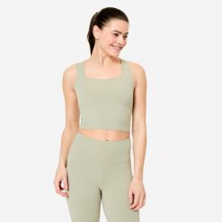 Koszulka fitness damska Domyos kwadratowy dekolt. Brązowe bluzki damskie DOMYOS, l, bez wzorów, z elastanu, bez kołnierzyka, bez ramiączek. Za 64.99 zł.