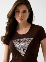 Guess T-Shirt 182454 Brązowy Classic Fit. Brązowe t-shirty damskie Guess, xs, z aplikacjami, bez kołnierzyka. Za 194.99 zł.