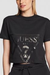 GUESS Czarny bawełniany t-shirt damski Adele Crop, Rozmiar S. Czarne t-shirty damskie Guess, s, z aplikacjami, z bawełny, bez kołnierzyka. Za 189.99 zł.