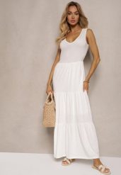 Biała Rozkloszowana Sukienka Maxi z Bawełnianej Tkaniny Galaise. Białe sukienki damskie Renee, bez wzorów, z bawełny, eleganckie, bez ramiączek. W wyprzedaży za 91.99 zł.