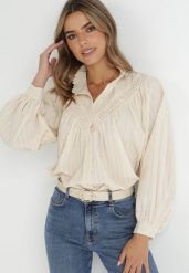 Beżowa Koszula Oversize Megona. Brązowe koszule damskie Born2be, m, bez wzorów, z bawełny, bez kołnierzyka, bez ramiączek. Za 139.99 zł.