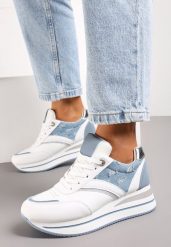 Biało-Niebieskie Sznurowane Sneakersy z Ekoskóry z Błyszczącymi Wstawkami Fiviara. Białe obuwie sportowe damskie Renee, bez zapięcia. Za 99.99 zł.