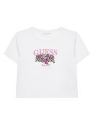 Guess T-Shirt J6RI06 K6YW4 Biały Regular Fit. Białe koszulki i t-shirty dziewczęce Guess, z aplikacjami, z bawełny, bez kołnierzyka, bez ramiączek. Za 119.99 zł.