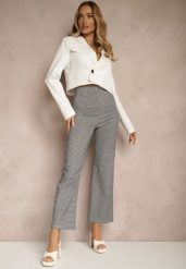 Czarno-Białe Spodnie z Bawełną o Szerokim Kroju High Waist z Wzorem Kraty Alimuna. Czarne spodnie materiałowe damskie Renee, bez wzorów, z bawełny. Za 49.99 zł.