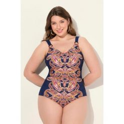 Damski Kostium kąpielowy wzór paisley miękkie miseczki z recyklingu. Niebieskie stroje jednoczęściowe Ulla Popken, bez wzorów, z elastanu. W wyprzedaży za 179.99 zł.