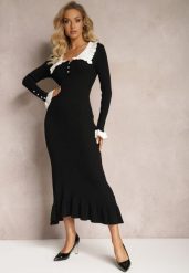 Czarna Sweterkowa Sukienka Midi z Wywiniętym Kołnierzem i Falbankami Totfara. Czarne sukienki damskie Renee, bez wzorów, z wiskozy, eleganckie, bez ramiączek. Za 139.99 zł.