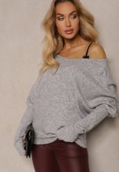 Szary Sweter z Lnem Oversize z Dekoltem w Łódkę Sassista. Szare swetry klasyczne damskie Renee, m, z jeansu, bez kołnierzyka. Za 119.99 zł.